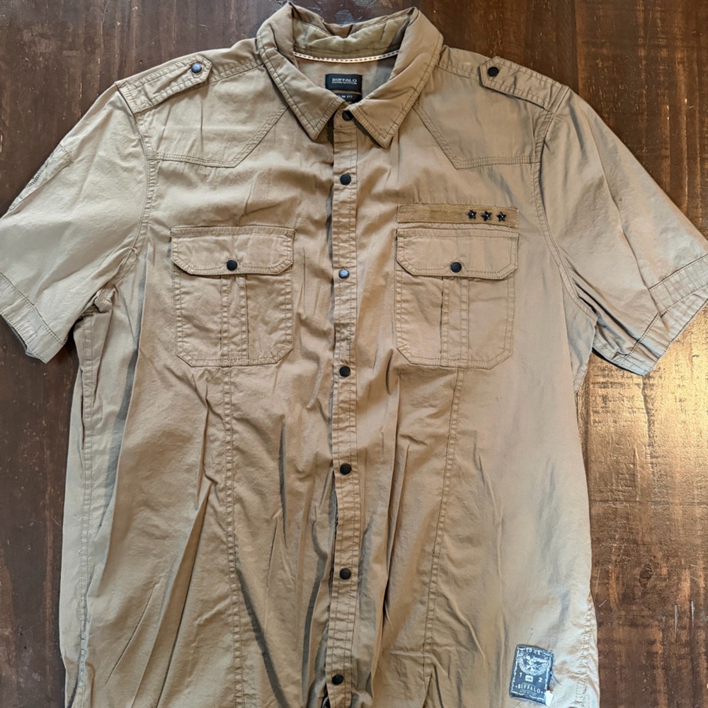 Buffalo David Bitton Tan Cargo Military Style Snap-Up Shirt Jacket - Large